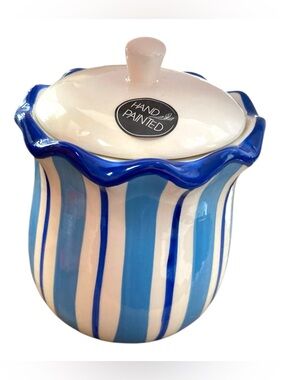 Hand Painted Blue White Ceramic Kitchen Storage Jar Canister Lid 6” Tall NWT